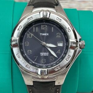 Timex Indiglo P7 Blue Dial Quartz Watch Silver Tone Black Leather For Repair